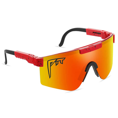 Pit Viper sunglasses UV400 red speckled frame with orange mirrored shield lens on Tampa Home & Garden Store
