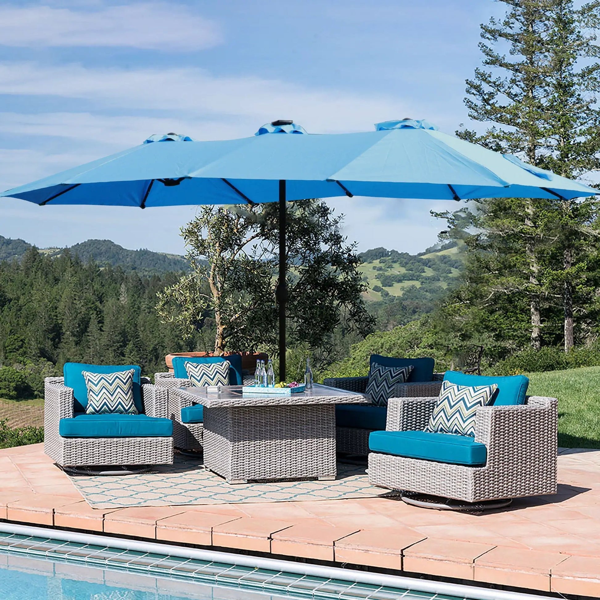 Double-Sided outdoor market umbrella with lights, blue canopy, base, Unique Piece Furniture on Tampa Home & Garden Store