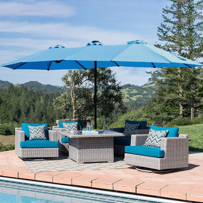 Double-Sided outdoor market umbrella with lights, blue canopy, base, Unique Piece Furniture on Tampa Home & Garden Store