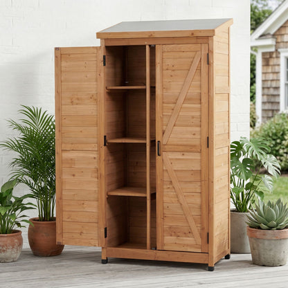 Outdoor Shed With Vertical Tool Cabinet and Shelf