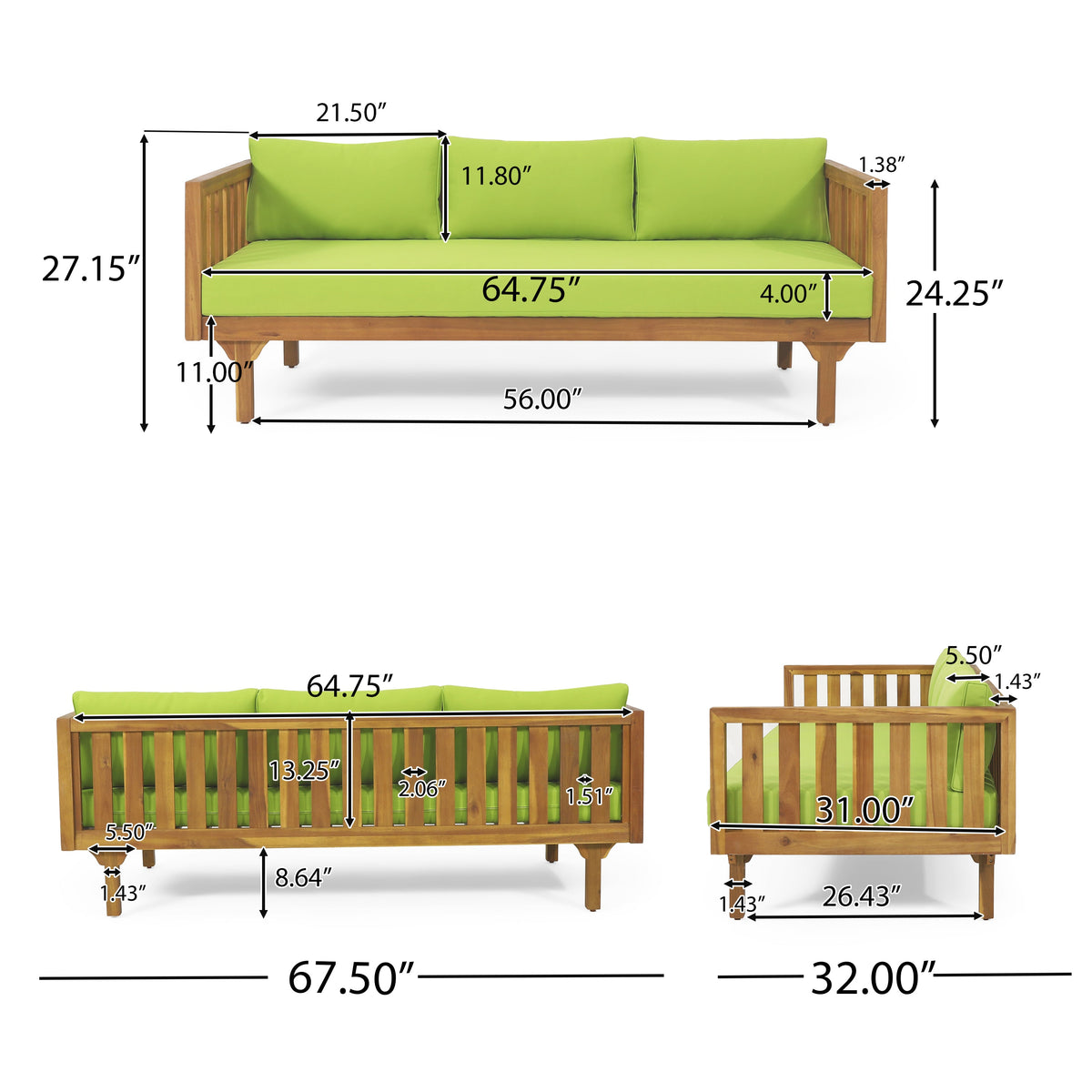 Claremont 3 Seater Daybed + Acacia Wood Table 2-piece patio set by HouseOfZazla lime cushions on Tampa Home & Garden Store