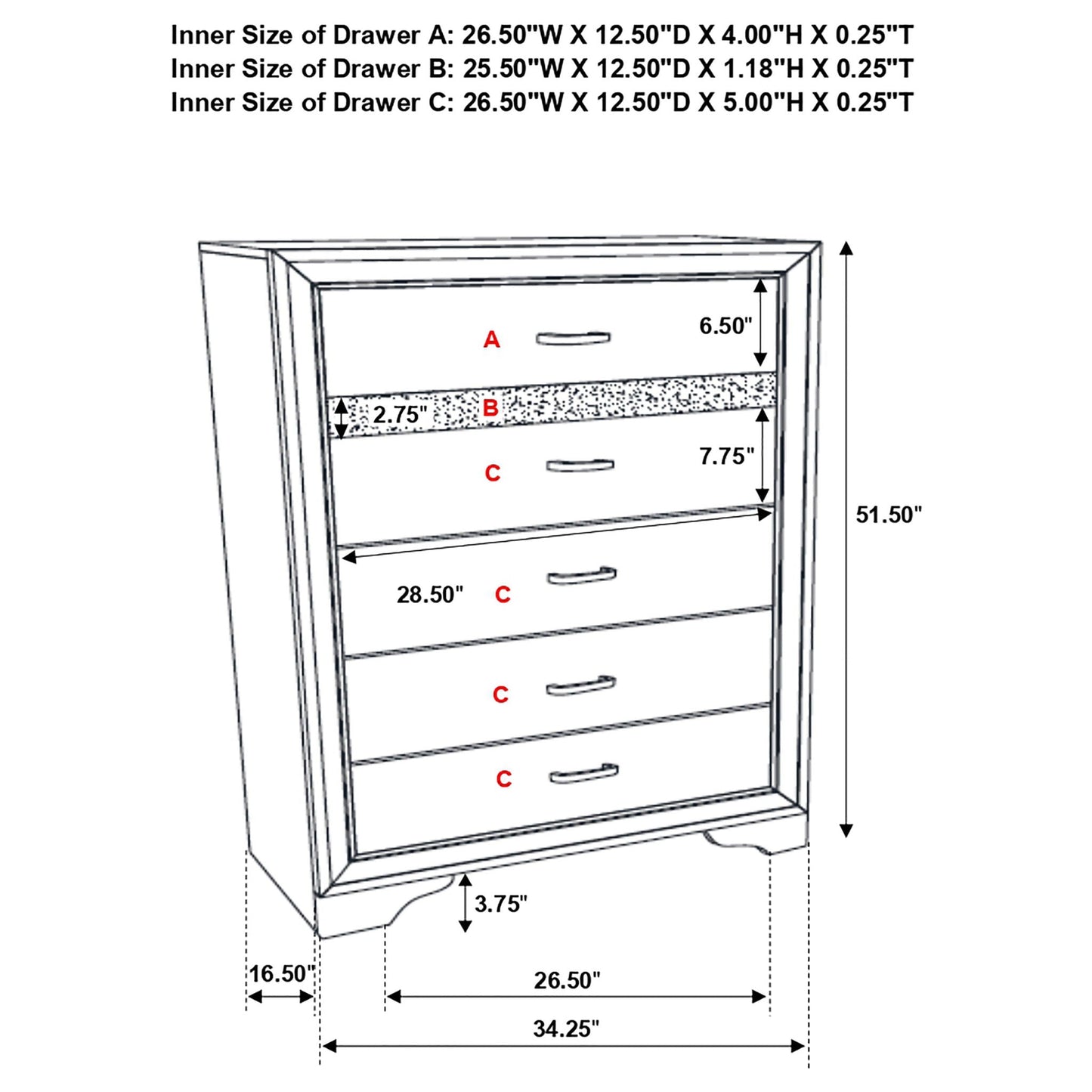 Corbin Glittering Bedroom Set, 4-Piece by HouseOfZazla; blueprint dresser diagram on Tampa Home & Garden Store