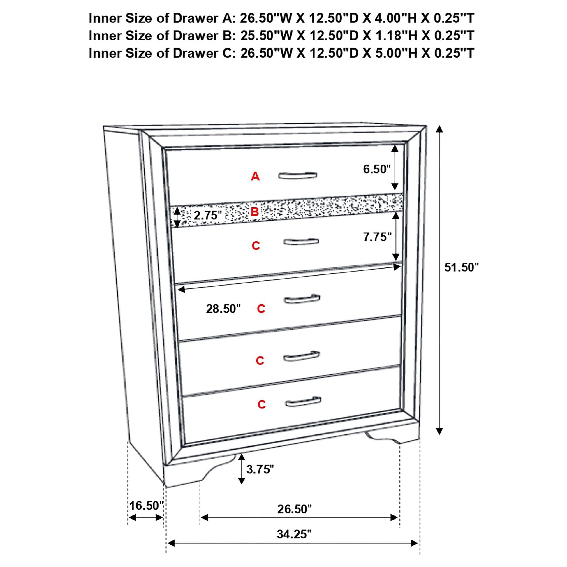 Corbin Glittering Bedroom Set, 4-Piece by HouseOfZazla; blueprint dresser diagram on Tampa Home & Garden Store
