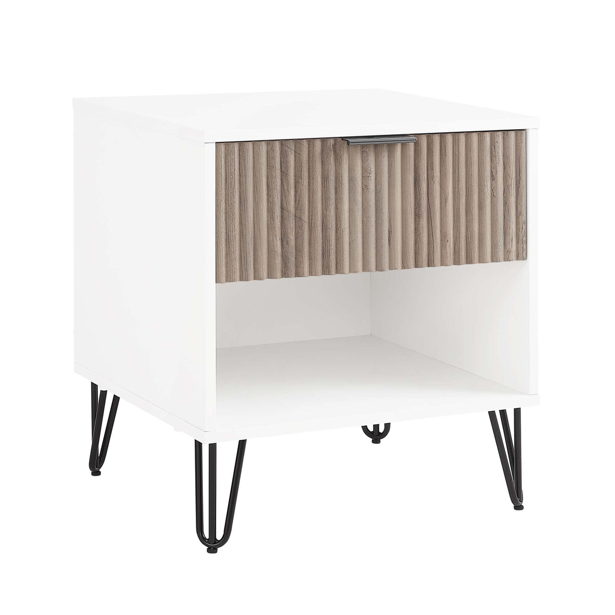 Fluted nightstand with drawer by HouseOfZazla, white frame and gray woodgrain front, legs on Tampa Home & Garden Store