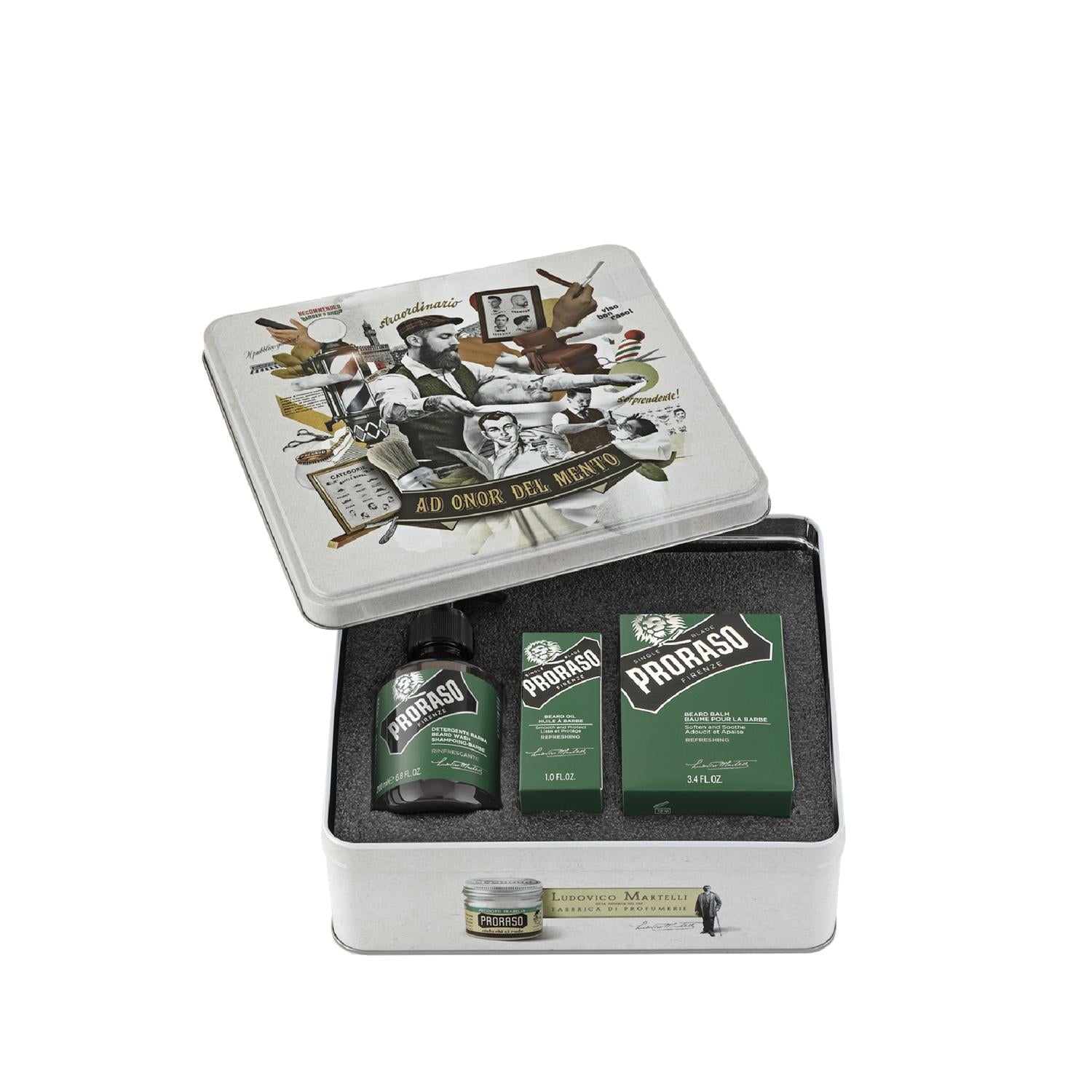 Proraso beard care set in a metal tin with green bottles and balm boxes on Tampa Home & Garden Store