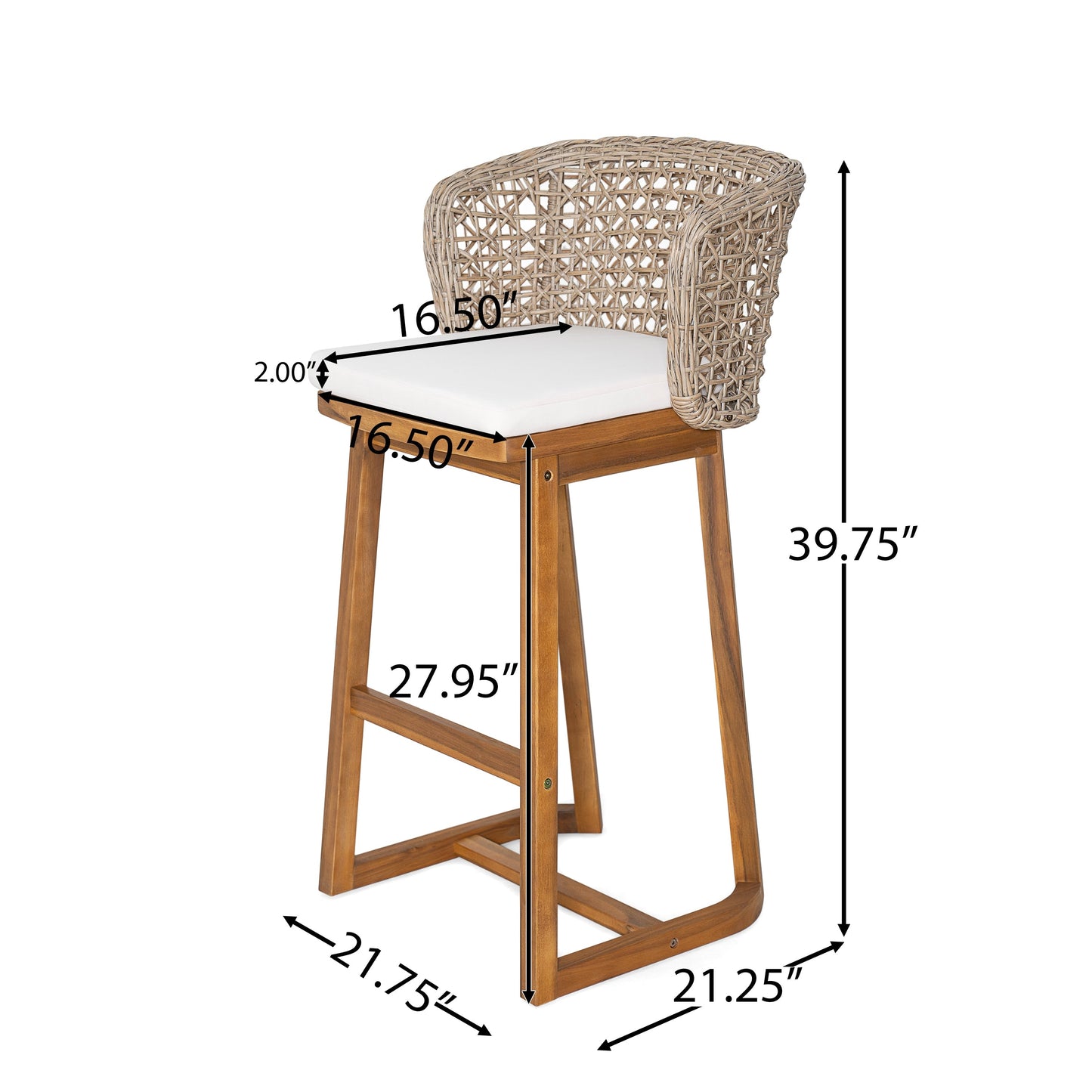 Outdoor Acacia Wood Bar Stools with Cushions set of 4; wicker back, white cushions HouseOfZazla on Tampa Home & Garden Store