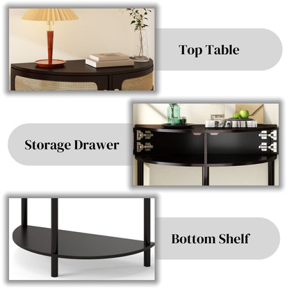 Boho rattan semi-circle end table by HouseOfZazla with sliding door, storage and bottom shelf on Tampa Home & Garden Store