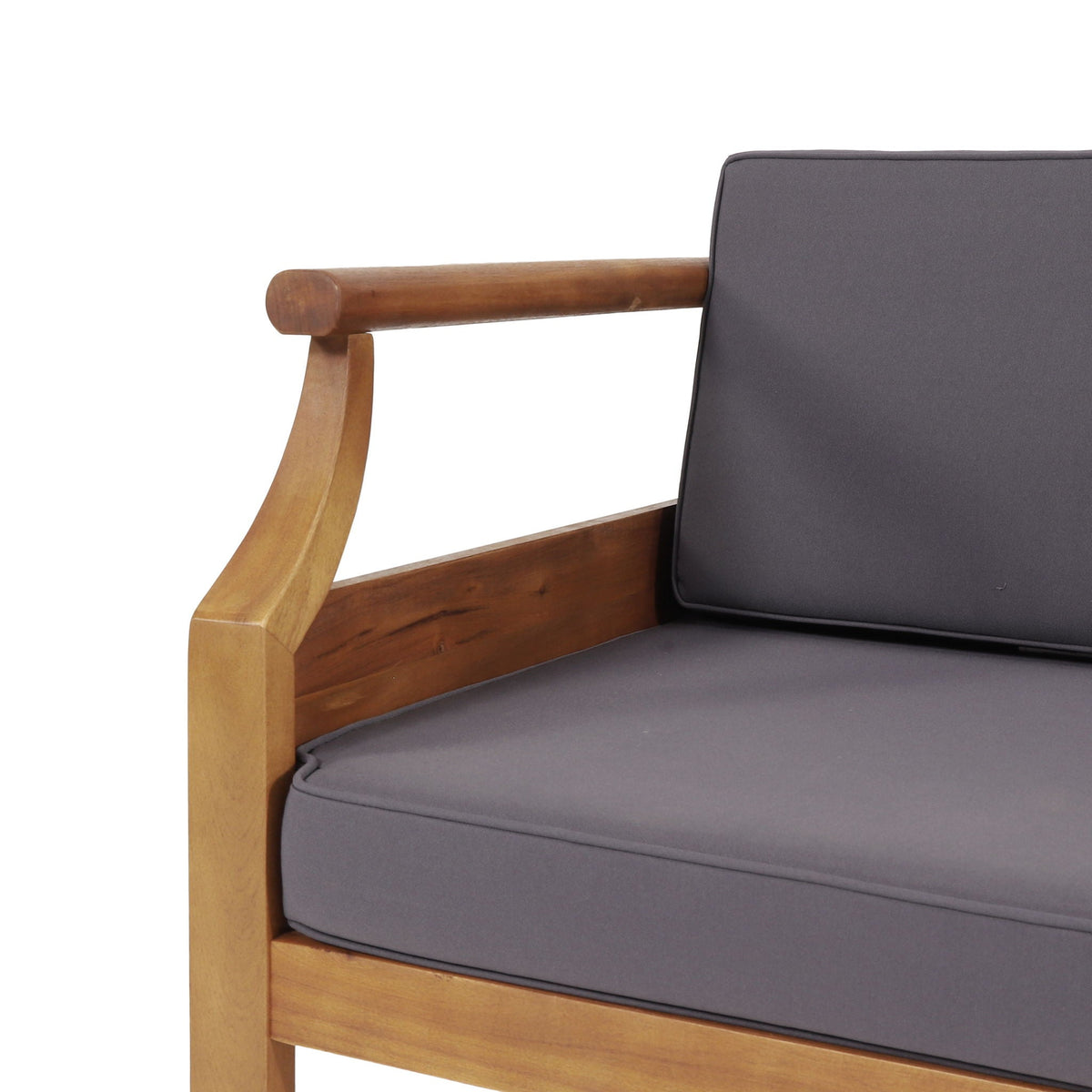 Aston 4 Piece Outdoor Sofa Set armrest with dark gray water-resistant cushion on wood frame on Tampa Home & Garden Store