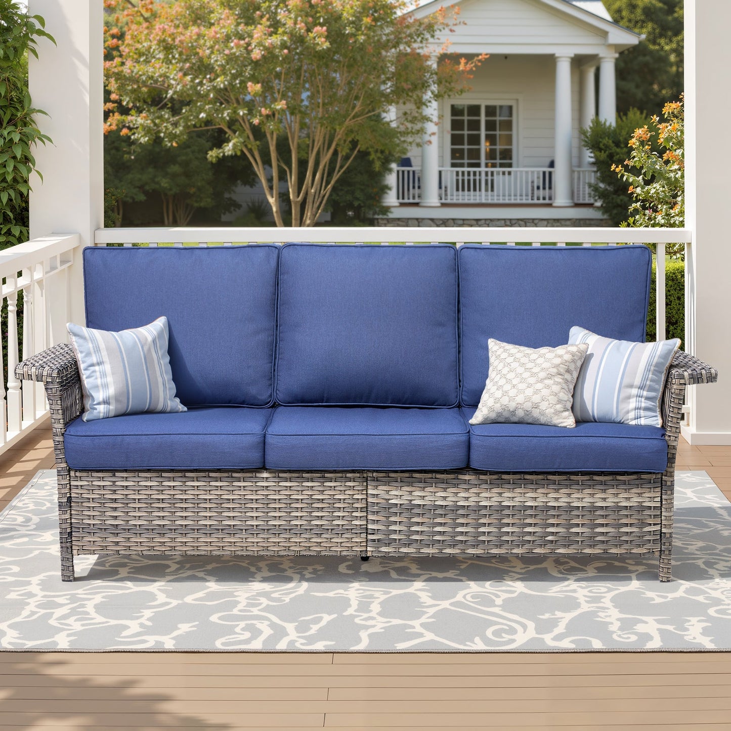 76.7in outdoor wicker patio sofa with armrests, blue cushions, gray wicker frame HouseOfZazla on Tampa Home & Garden Store