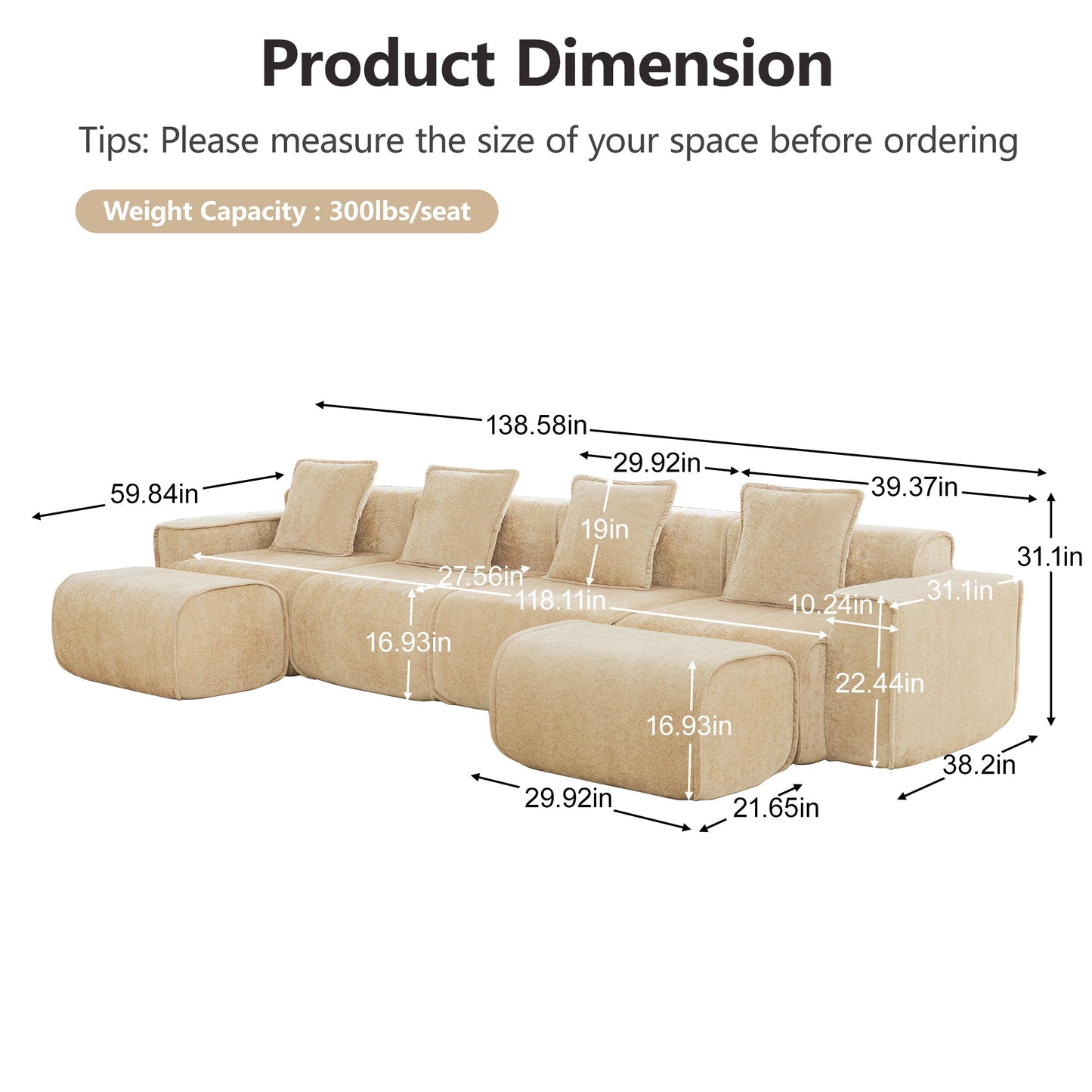 Streamlined Design Modular 4 Seat U Shape Sectional Sofa by HouseOfZazla in beige fabric on Tampa Home & Garden Store