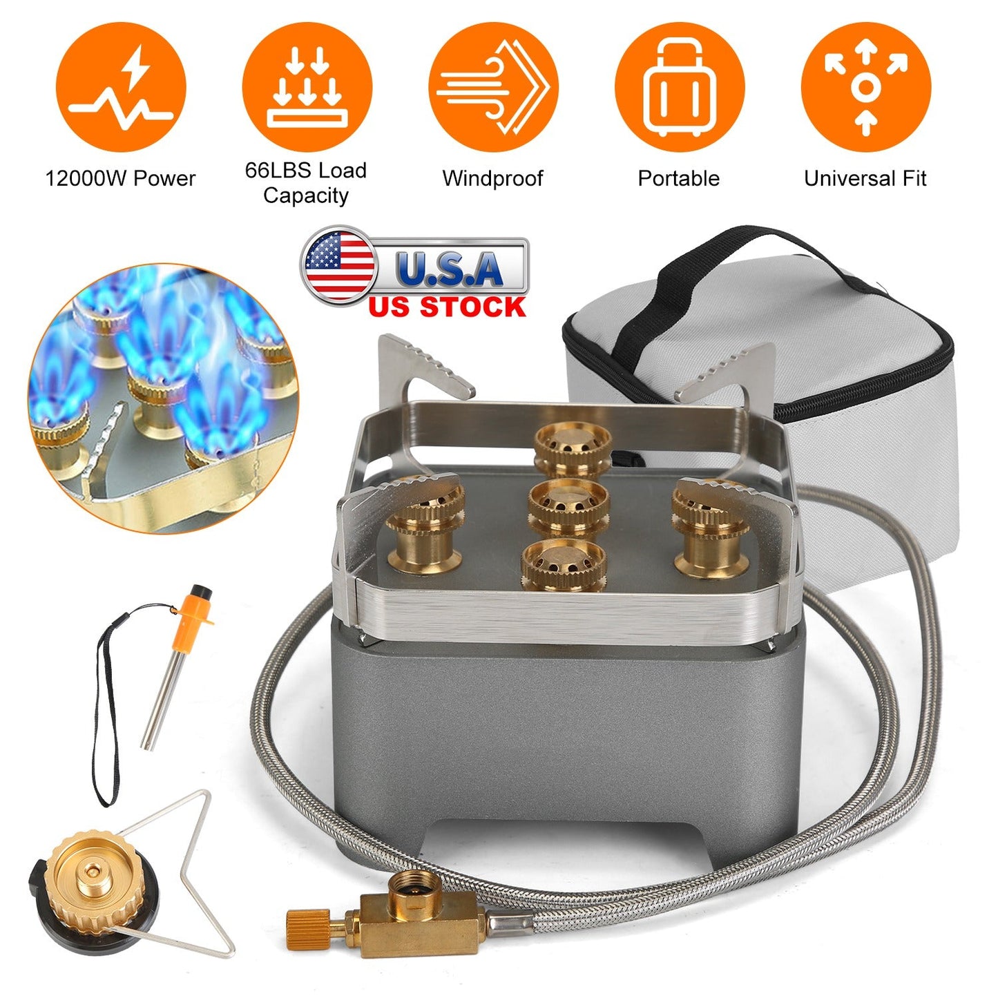 GemGear 12000W portable camping stove with windproof burner and carrying case, gas hose kit on Tampa Home & Garden Store