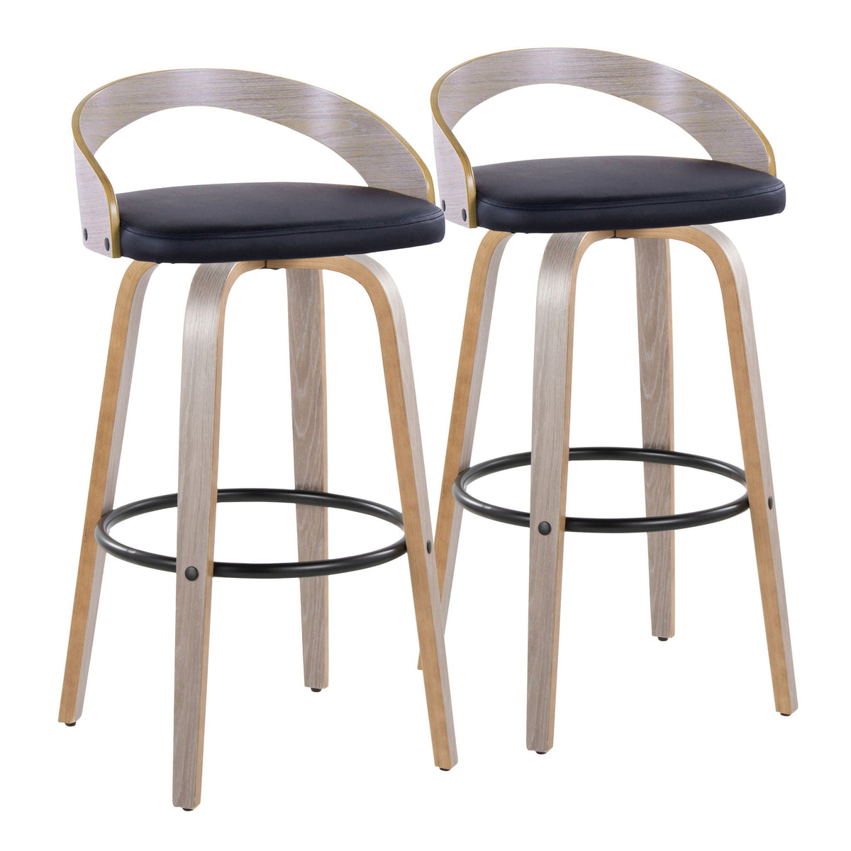 Contemporary Swivel Barstool Set Pearl Silver wood frame, black cushions, round footrest, 2 stools on Tampa Home & Garden Store
