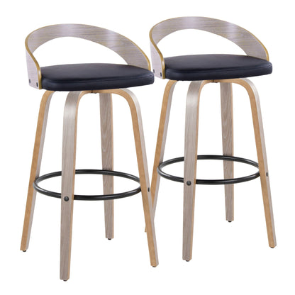 Contemporary Swivel Barstool Set Pearl Silver wood frame, black cushions, round footrest, 2 stools on Tampa Home & Garden Store