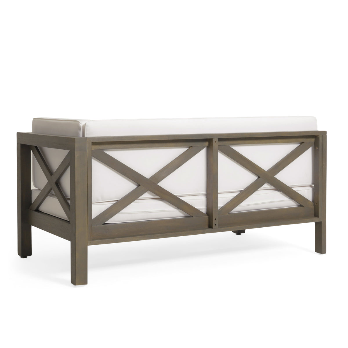 Brava X Back Right Corner Bench by HouseOfZazla, acacia wood frame, white cushions on Tampa Home & Garden Store