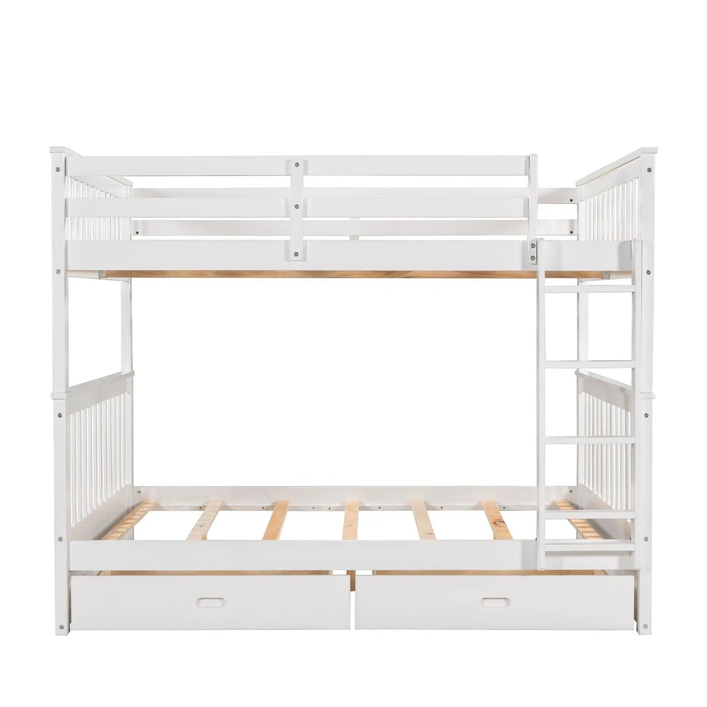 Bunk bed with ladders and 2 storage drawers, white wooden frame with slatted rails on Tampa Home & Garden Store