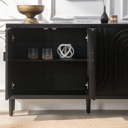 Modern black sideboard cabinet with open shelf, gold bowl, books, black vase, and glassware on Tampa Home & Garden Store