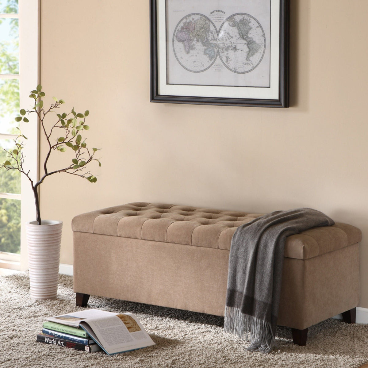 Tufted Top Storage Bench beige with soft-close lid by HouseOfZazla on Tampa Home & Garden Store