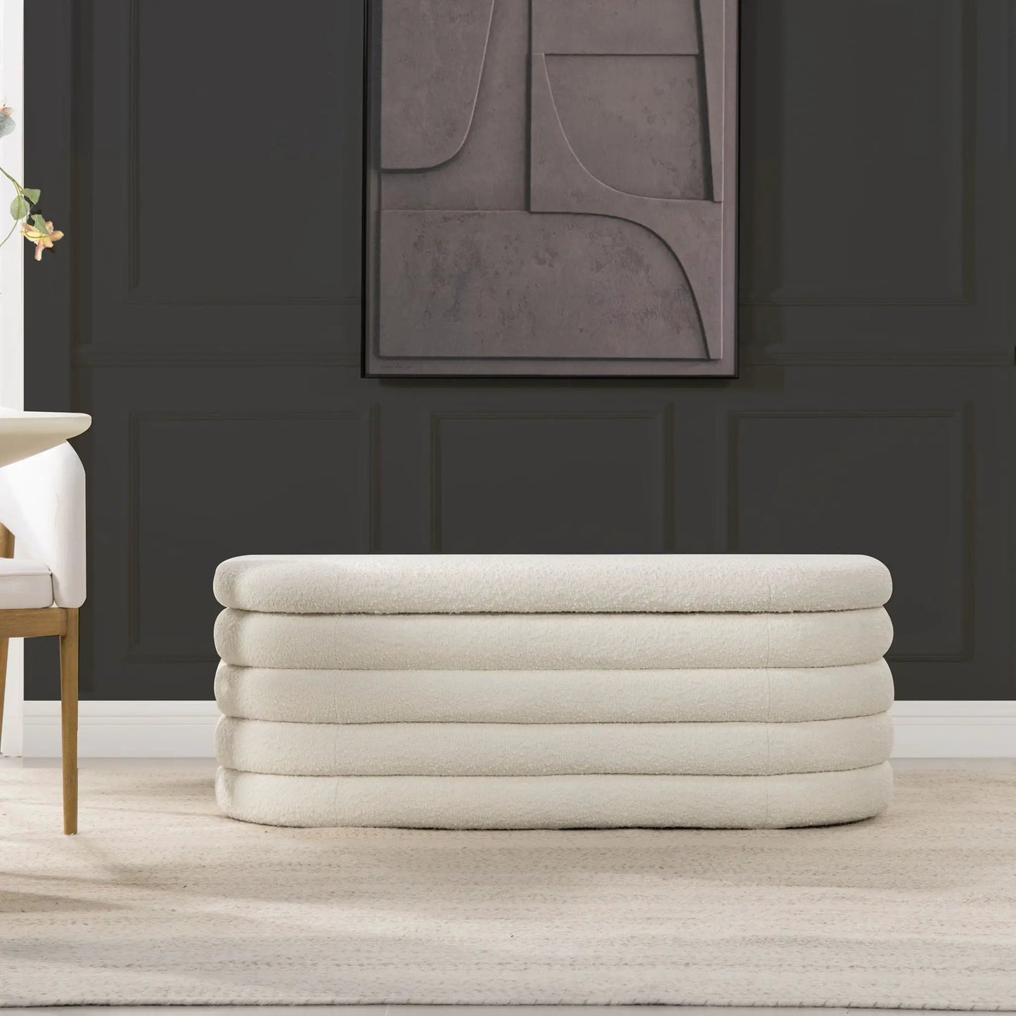 Fuji upholstered oval storage bench beige fabric by Unique Piece Furniture on Tampa Home & Garden Store