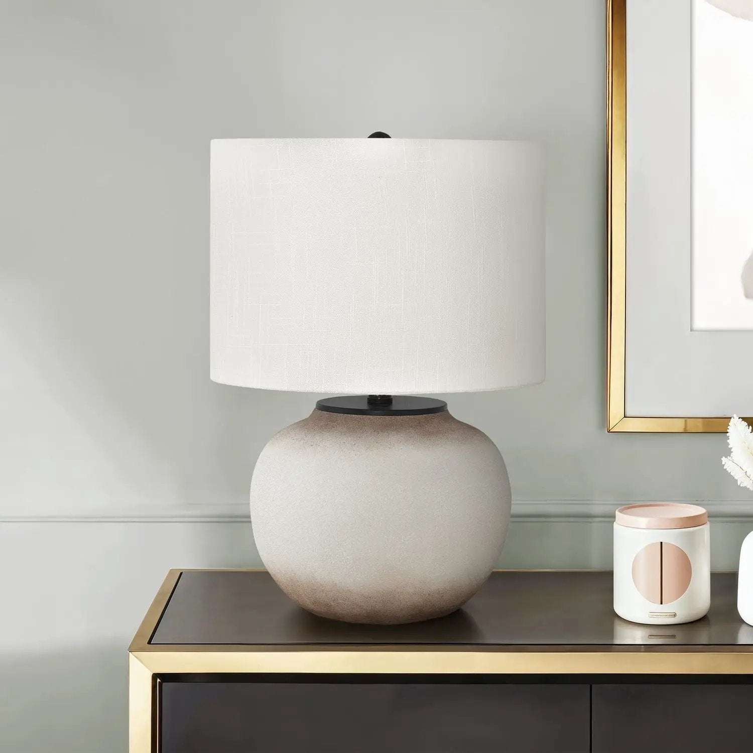 Table lamp cream ceramic base with white fabric drum shade by Unique Piece Furniture on Tampa Home & Garden Store