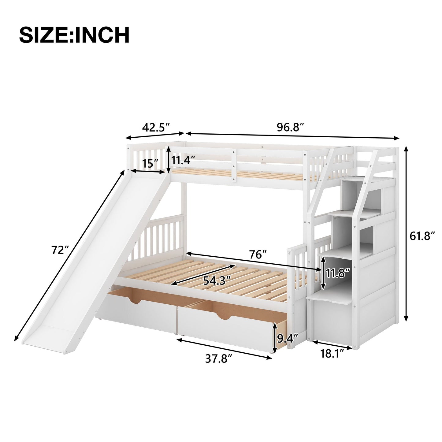 Bunk bed with storage staircase, slide, desk, drawers and shelves in white by HouseOfZazla on Tampa Home & Garden Store