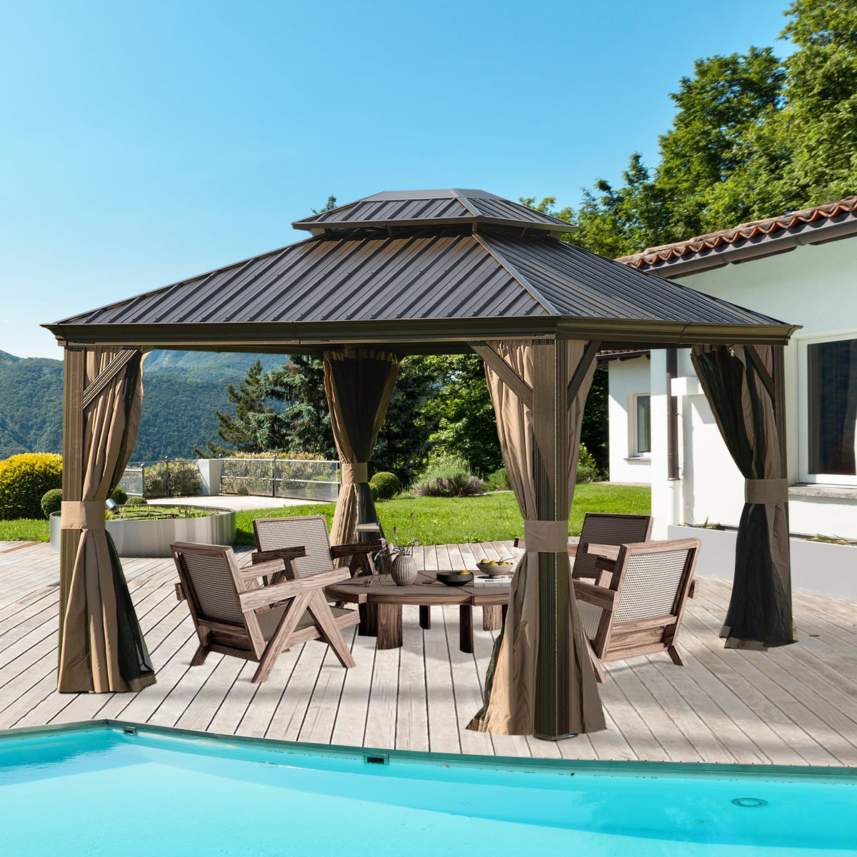 Gazebo 10x12 Brown Hardtop with Double Roof by HouseOfZazla on a wood deck with curtains on Tampa Home & Garden Store