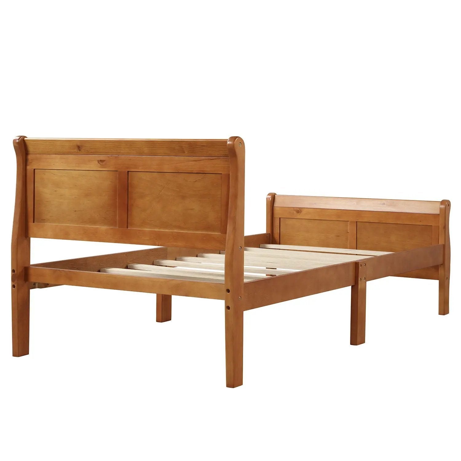 Platform bed frame with sleigh headboard and footboard in warm honey wood with slat support on Tampa Home & Garden Store