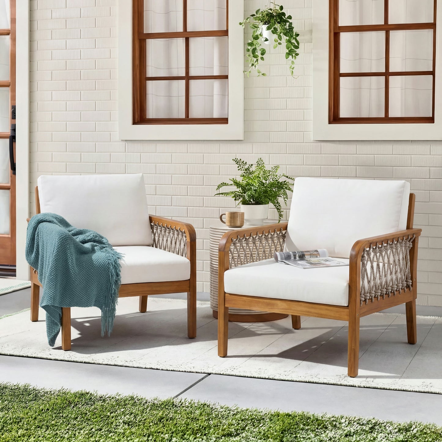 Outdoor Acacia Wood Club Chair With Rope Set of 2