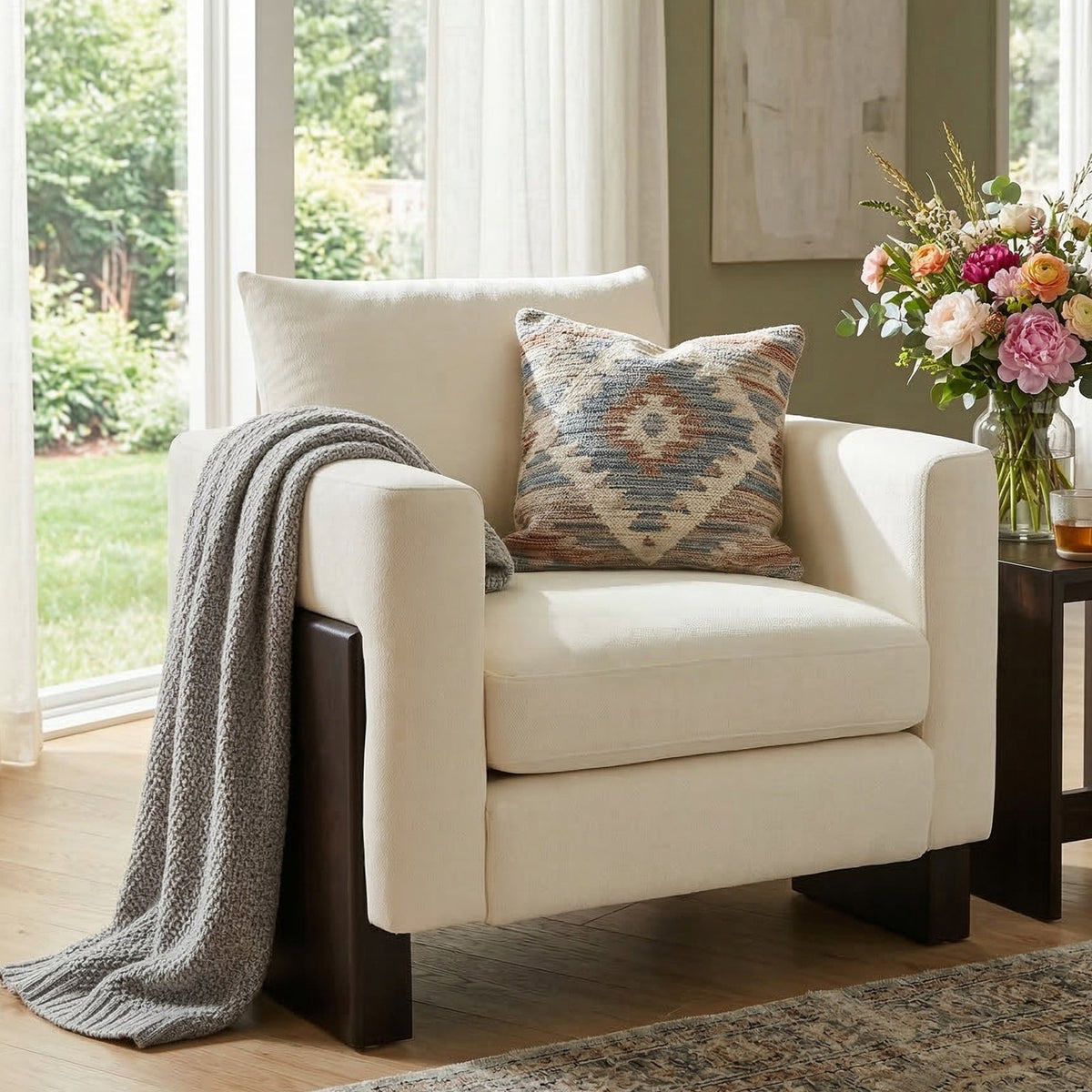 Modern accent chair by HouseOfZazla with rubberwood legs, cream upholstery in living room on Tampa Home & Garden Store