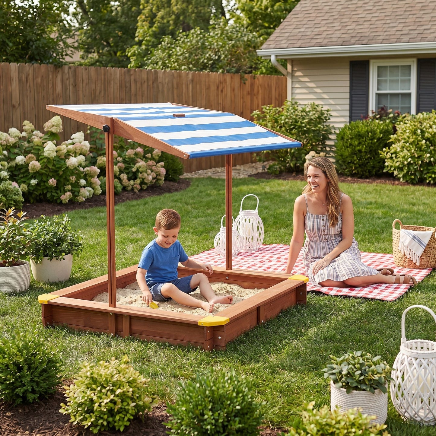 Large Outdoor Wooden Sandbox With Canopy