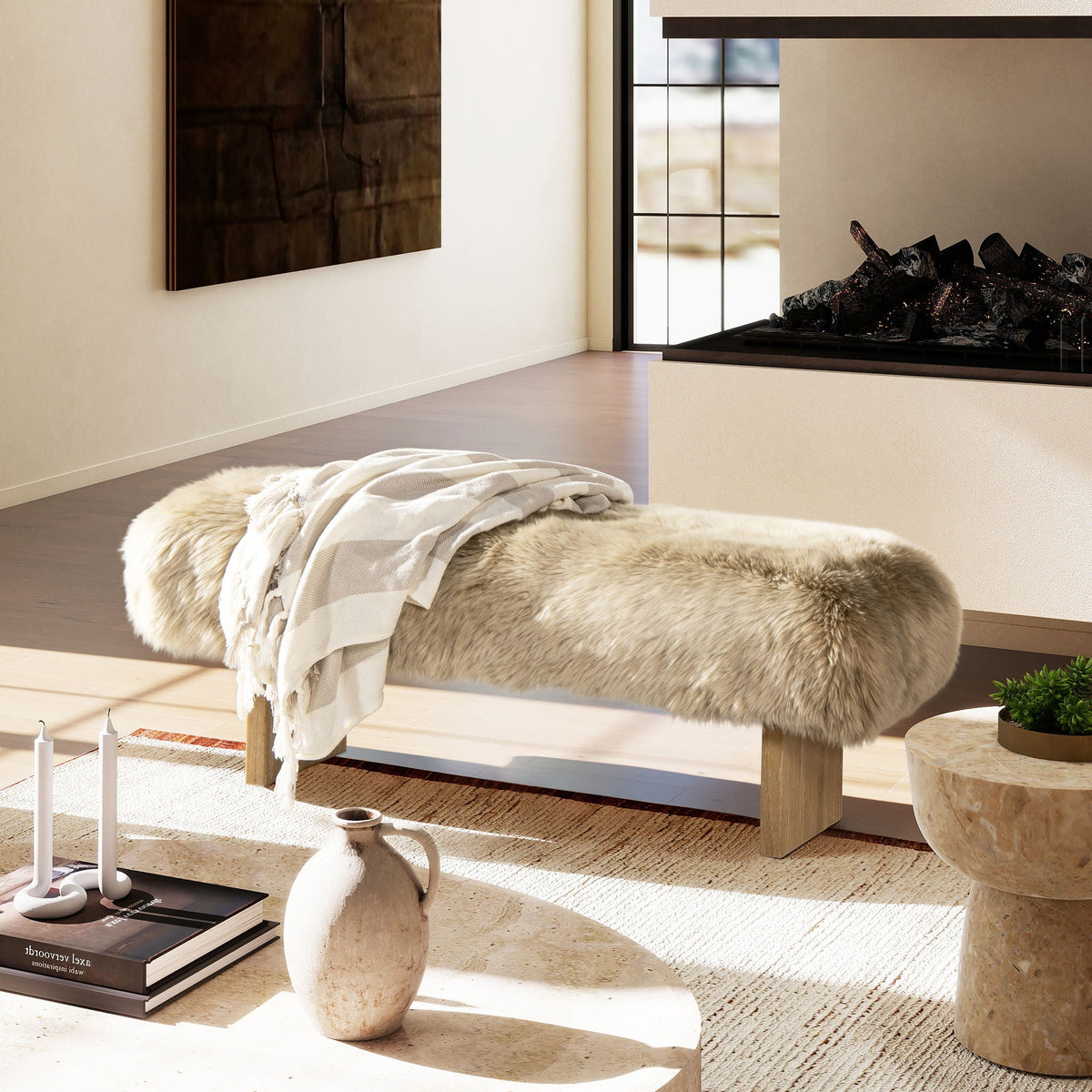 Natural blonde sheepskin fur bench with plush upholstery, 49in HouseOfZazla on Tampa Home & Garden Store