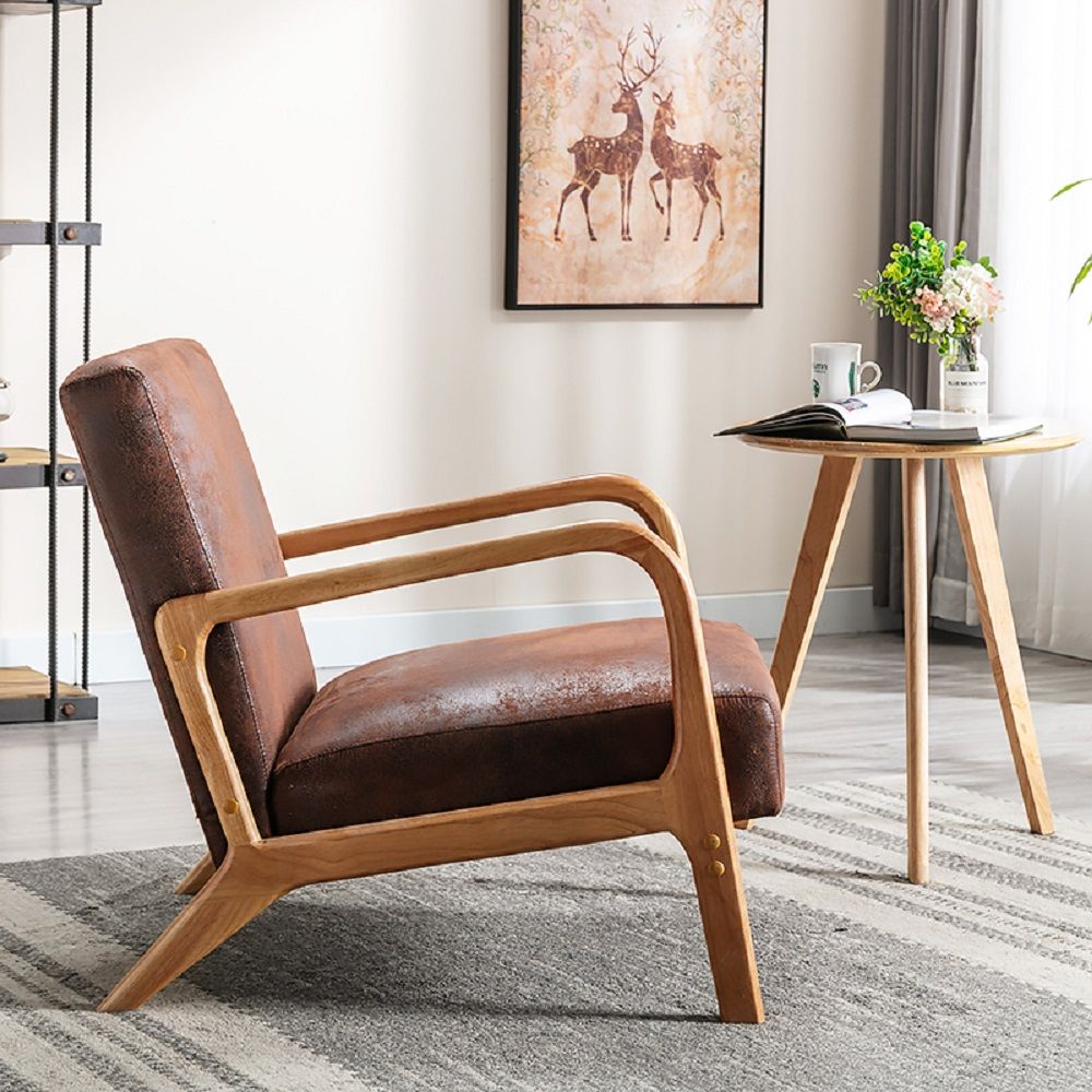 Mid-century modern accent arm chair with open natural wood frame and brown cushioned seat on Tampa Home & Garden Store