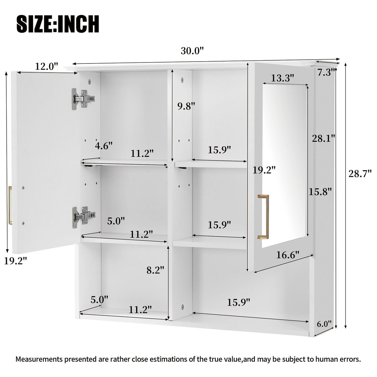 HouseOfZazla 2-in-1 wall-mounted mirror cabinet with adjustable shelves white finish gold handle on Tampa Home & Garden Store