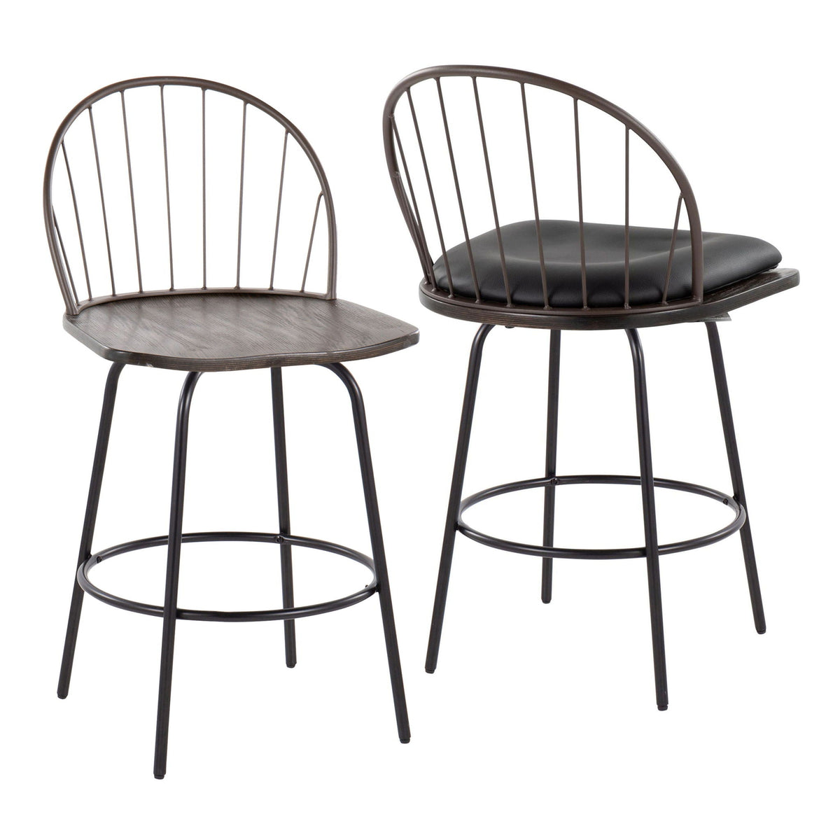 Farmhouse counter stool set with swivel round footrest, two brown metal stools on Tampa Home & Garden Store
