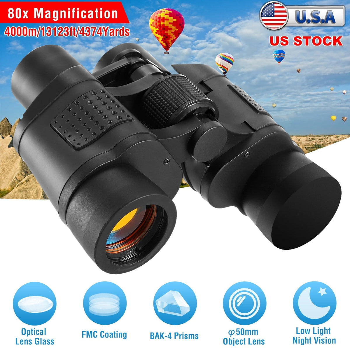 GemGear portable HD binoculars with FMC, 50mm lens, low-light vision, shoulder strap on Tampa Home & Garden Store