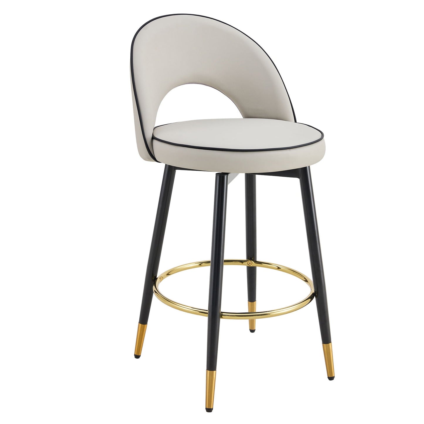 HouseOfZazla modern 360° rotatable bar chair with cream upholstery, black piping, metal legs on Tampa Home & Garden Store