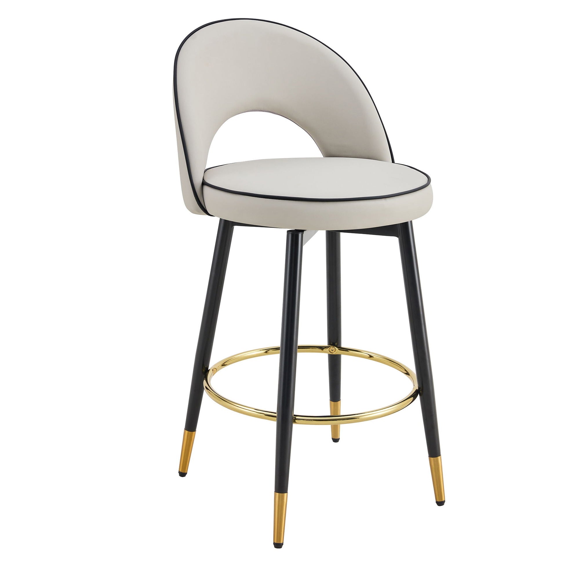 HouseOfZazla modern 360° rotatable bar chair with cream upholstery, black piping, metal legs on Tampa Home & Garden Store