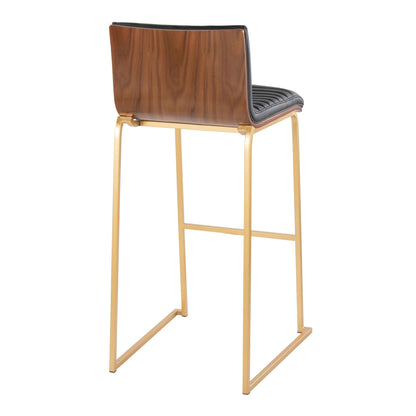 Mason Mara barstool with upholstered black seat, wood back, and gold legs on Tampa Home & Garden Store
