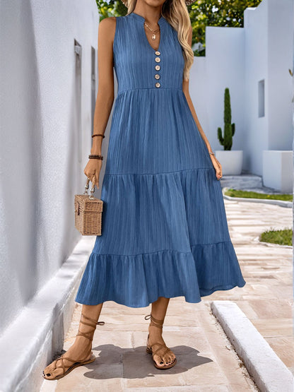 Stevvex dusty blue sleeveless button-front tiered maxi dress with beige buttons on Tampa Home & Garden Store
