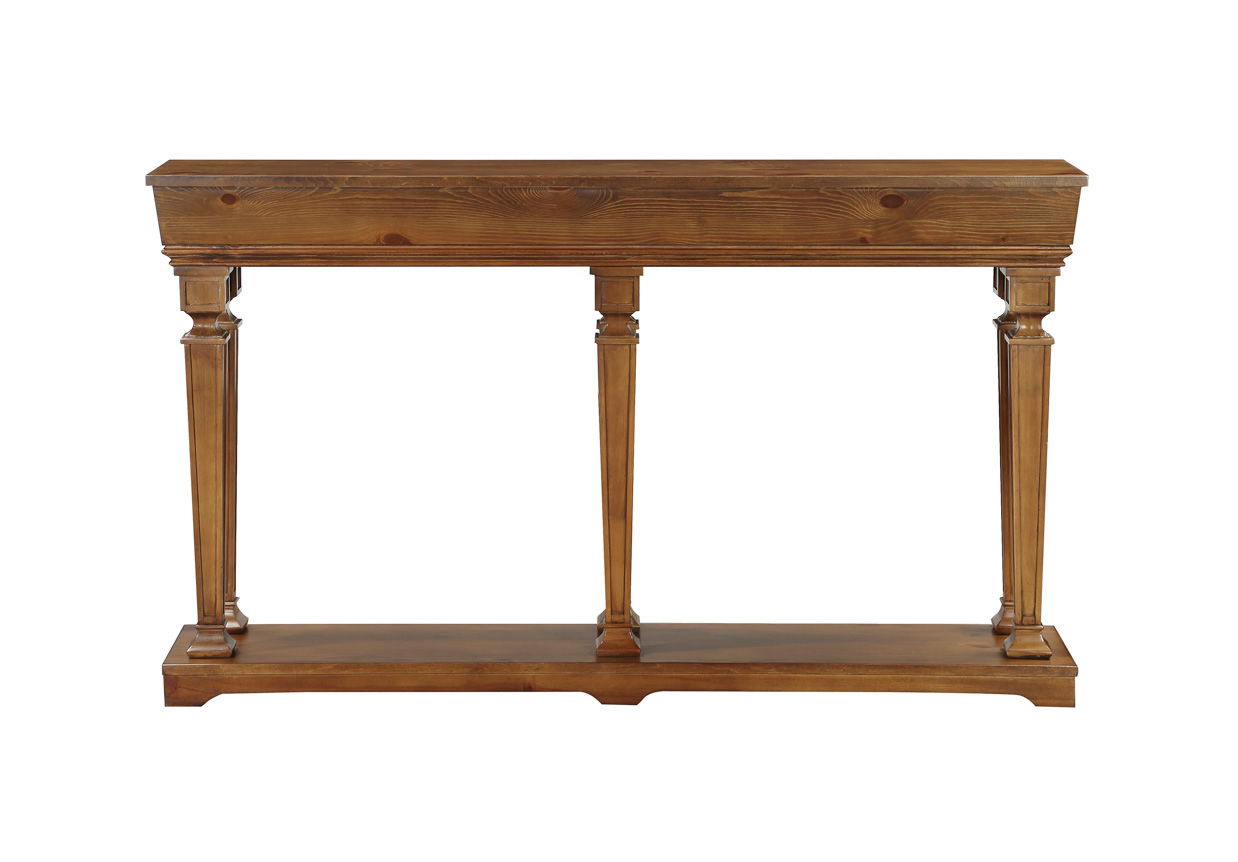 Garrison wooden console table by HouseOfZazla in warm brown wood with carved legs and shelf on Tampa Home & Garden Store