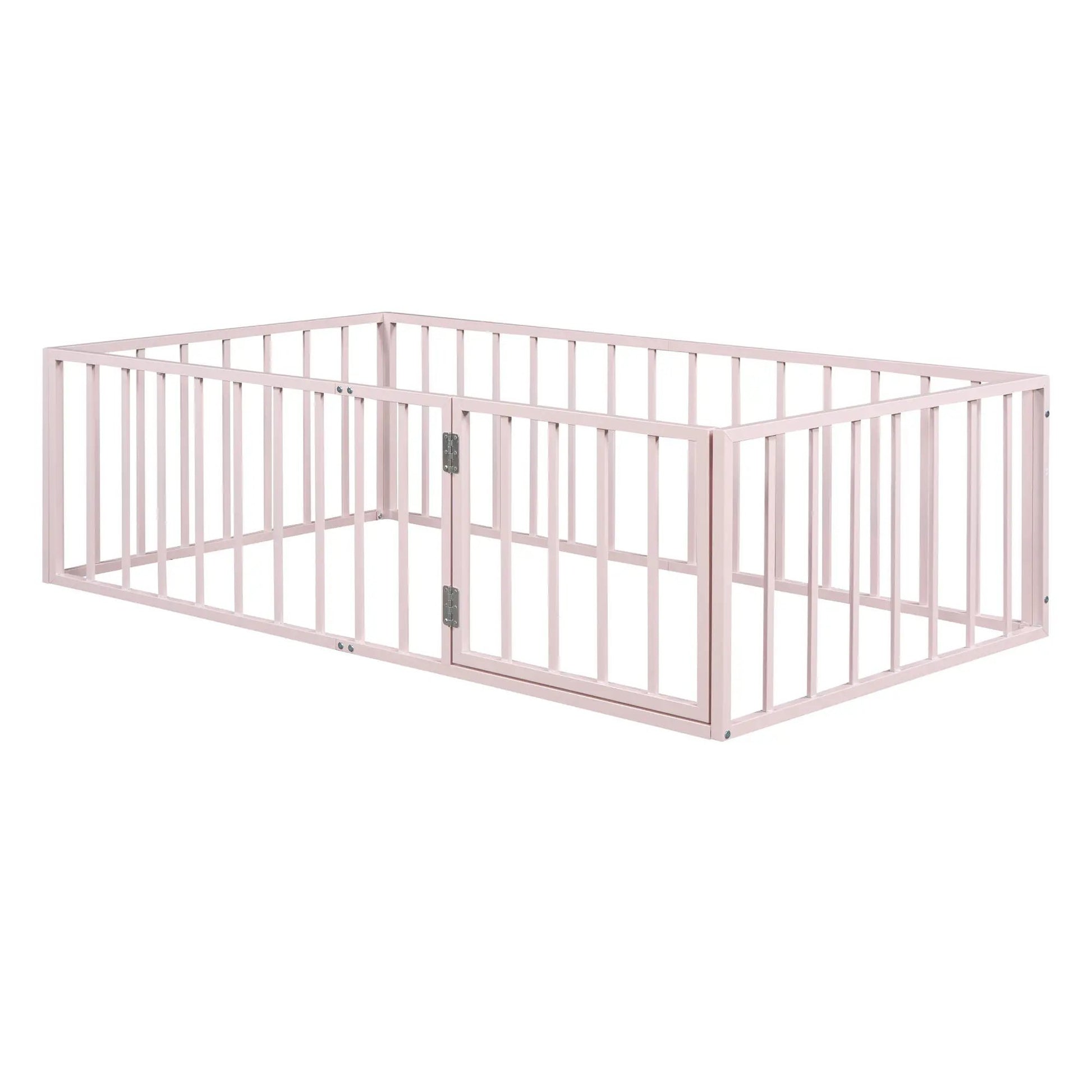 Metal floor bed frame with pink finish, fence rails and door by Unique Piece Furniture on Tampa Home & Garden Store