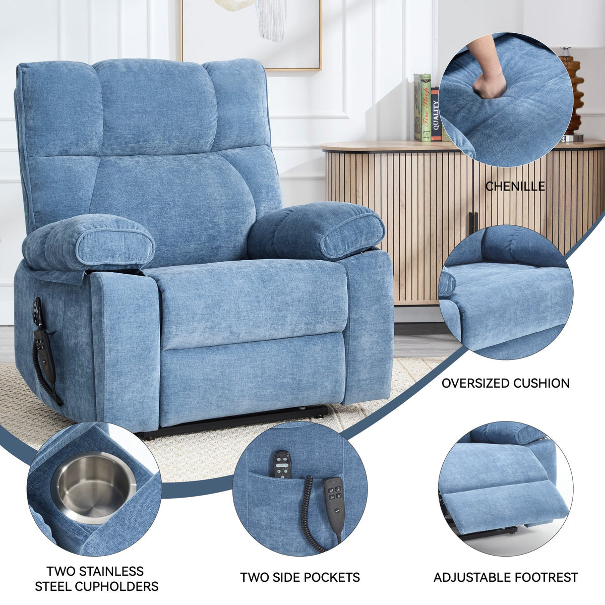 Blue Heat Massage Dual Motor Lift Recliner Chair by HouseOfZazla with chenille cushions on Tampa Home & Garden Store