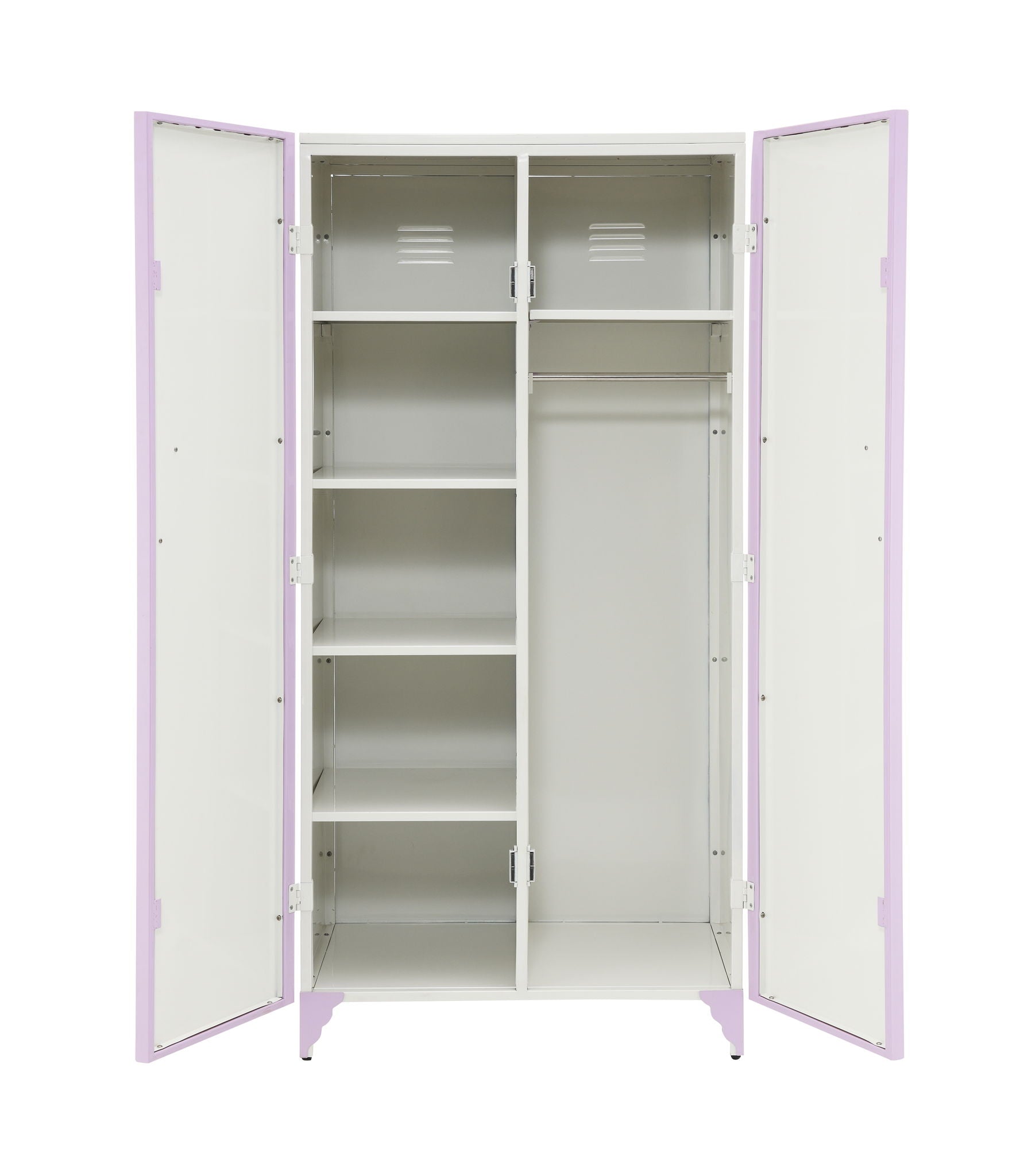 Priya II synthetic purple wardrobe, triple with white interior, shelves and hanging rail on Tampa Home & Garden Store