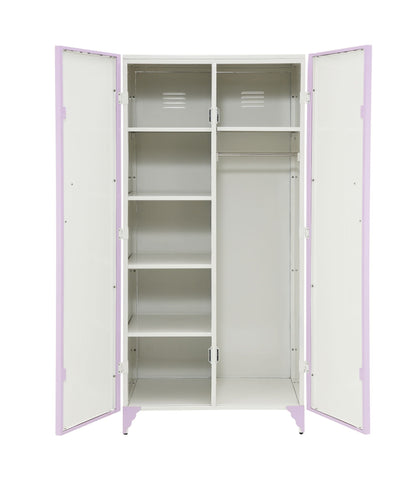 Priya II synthetic purple wardrobe, triple with white interior, shelves and hanging rail on Tampa Home & Garden Store