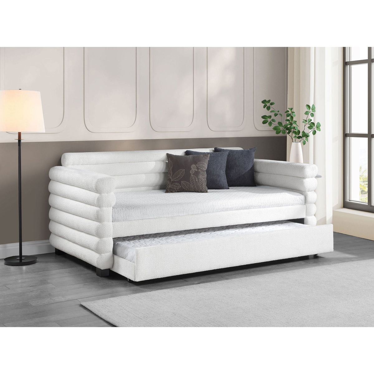 Fandango upholstered twin day bed with trundle in white, ribbed cushions for a modern look on Tampa Home & Garden Store