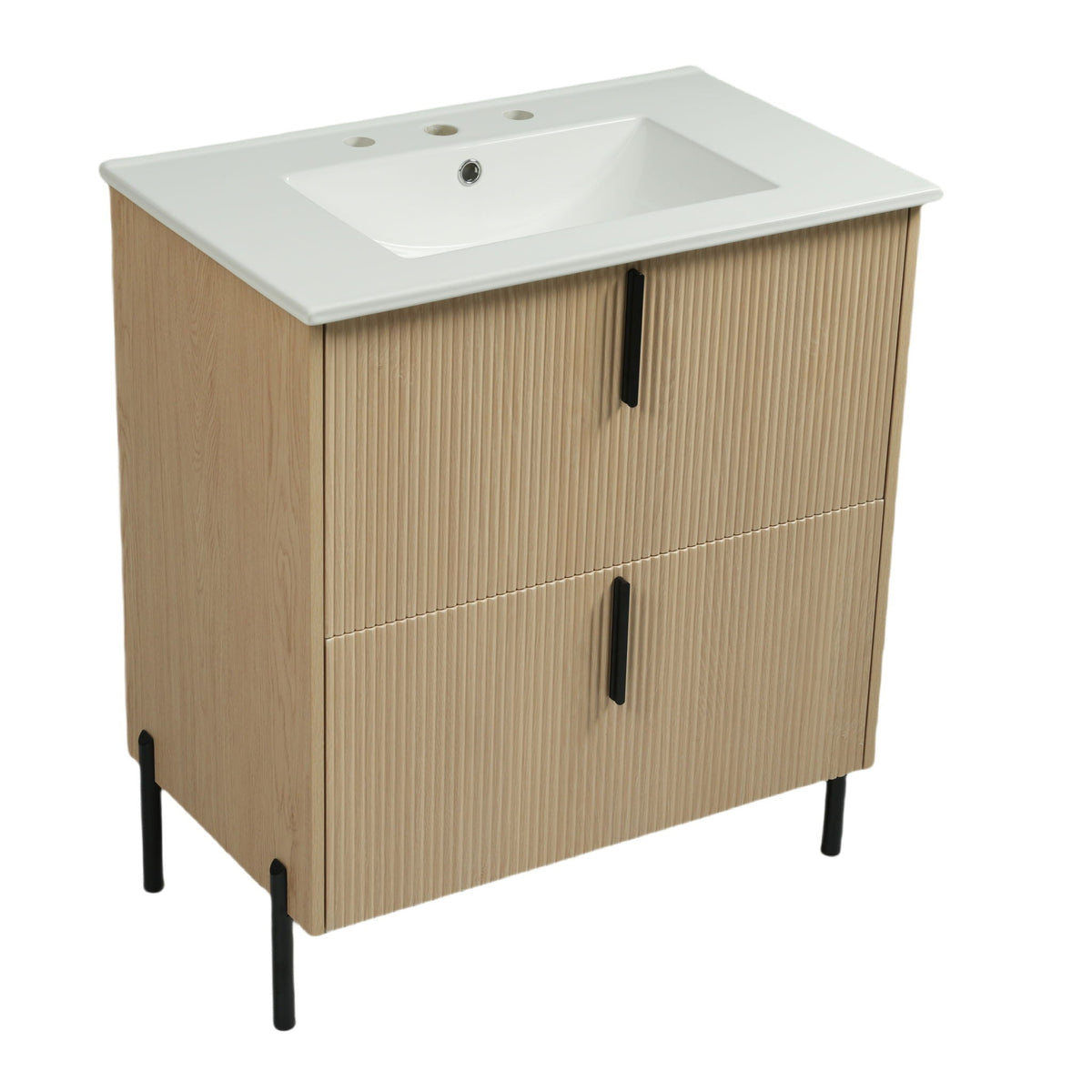 Bathroom vanity with white ceramic sink on fluted light brown cabinet, black legs on Tampa Home & Garden Store