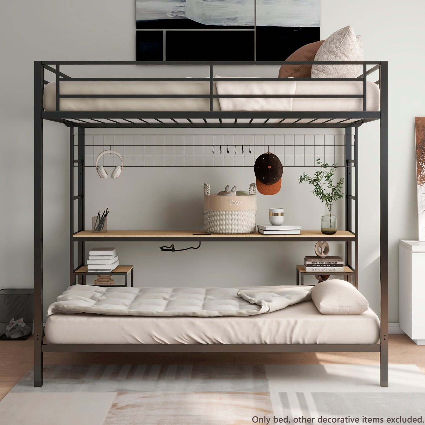 Ethan bunk bed with desk and storage shelves in black metal frame on Tampa Home & Garden Store