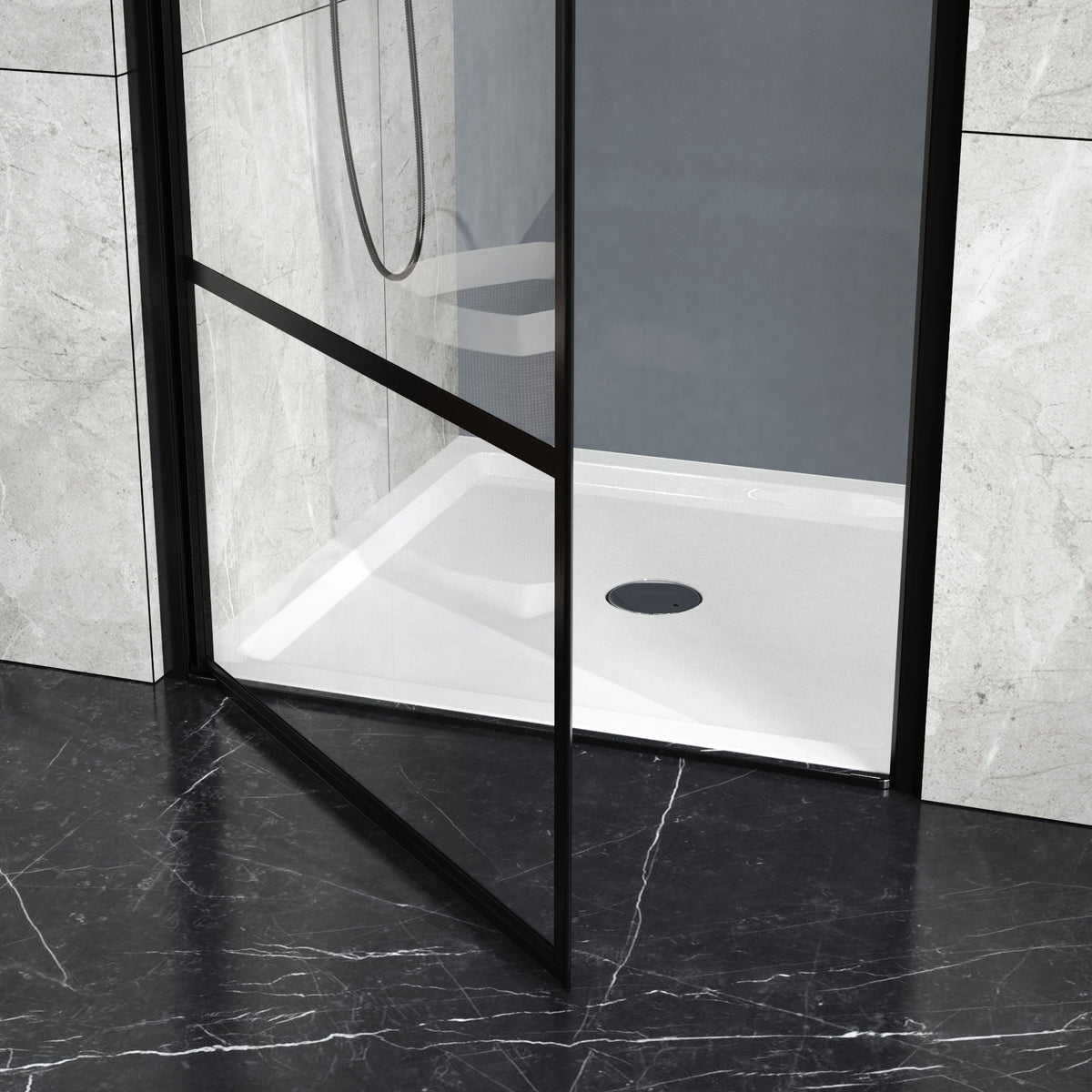 Centered Drain White Shower Pan with 3-Side Tile Flanges inside a black-framed glass shower on Tampa Home & Garden Store