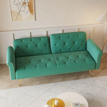 Luxurious sofa bed with nail head trim and matching pillow, two teal tufted futon sofas on Tampa Home & Garden Store