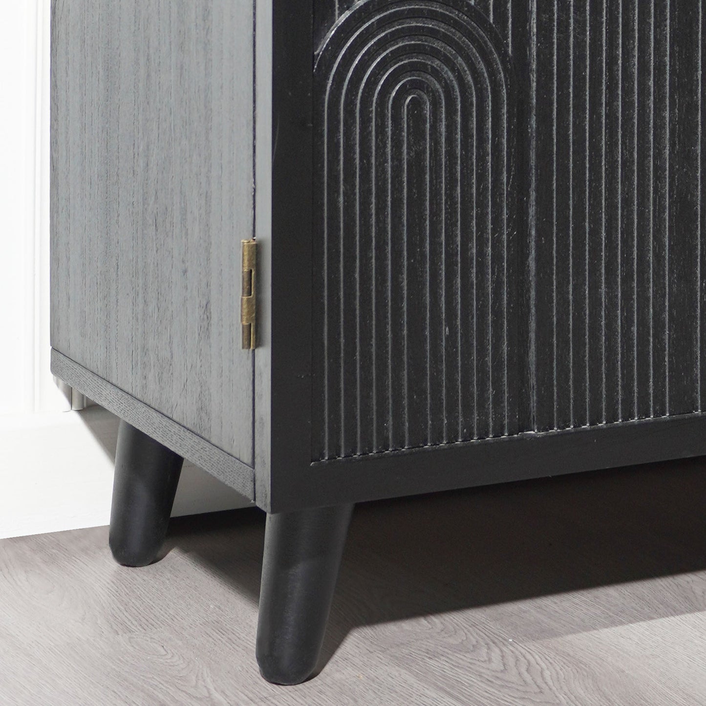 Modern black wood storage cabinet with embossed door and gray side panel HouseOfZazla on Tampa Home & Garden Store