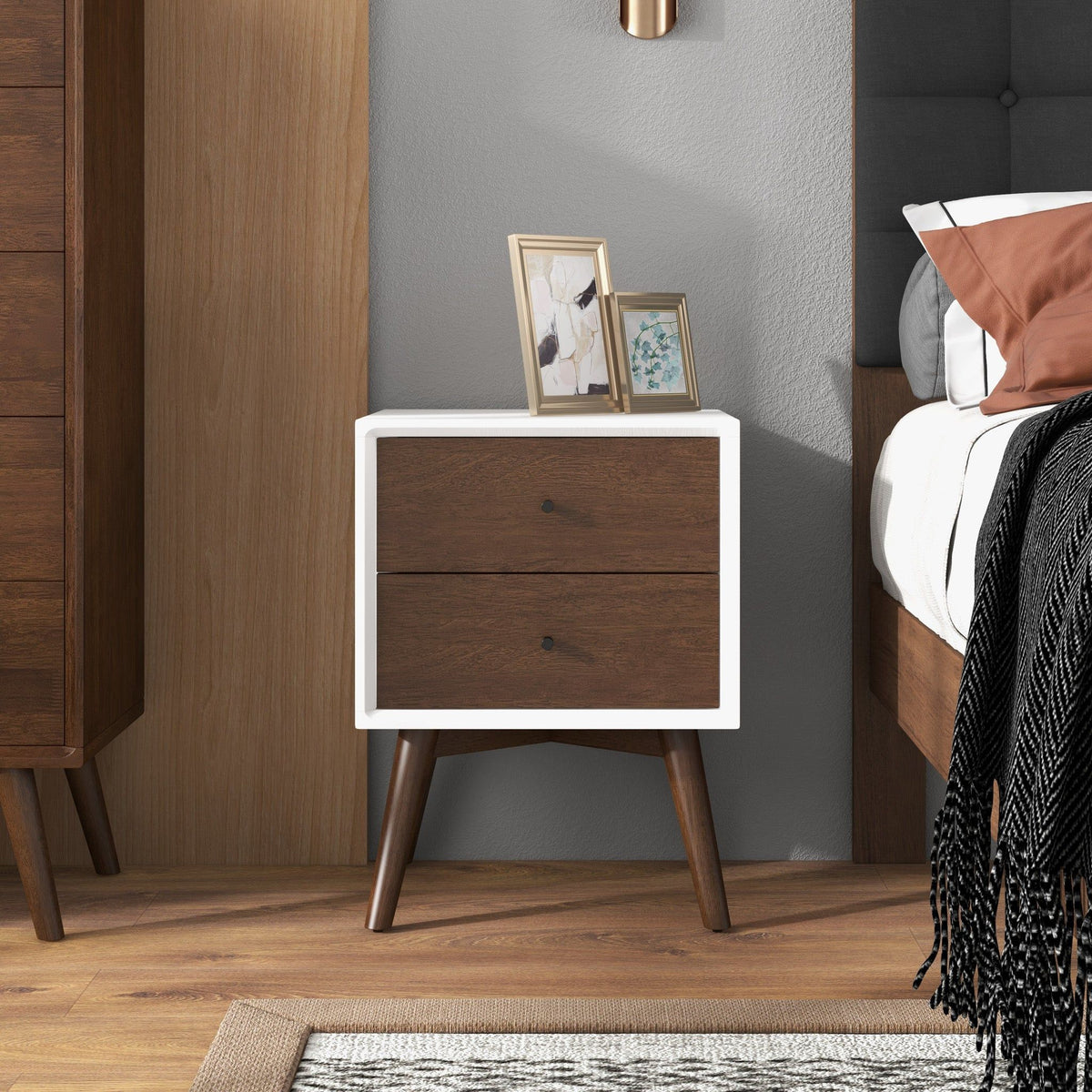 Mid-Century Modern Nightstand with 2 Drawers, white frame and dark brown drawer fronts on Tampa Home & Garden Store